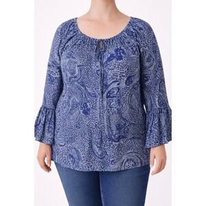 Fashion Web Plus Womens Blouse Blue Floral Print Long Sleeve Size 1X Bohemian